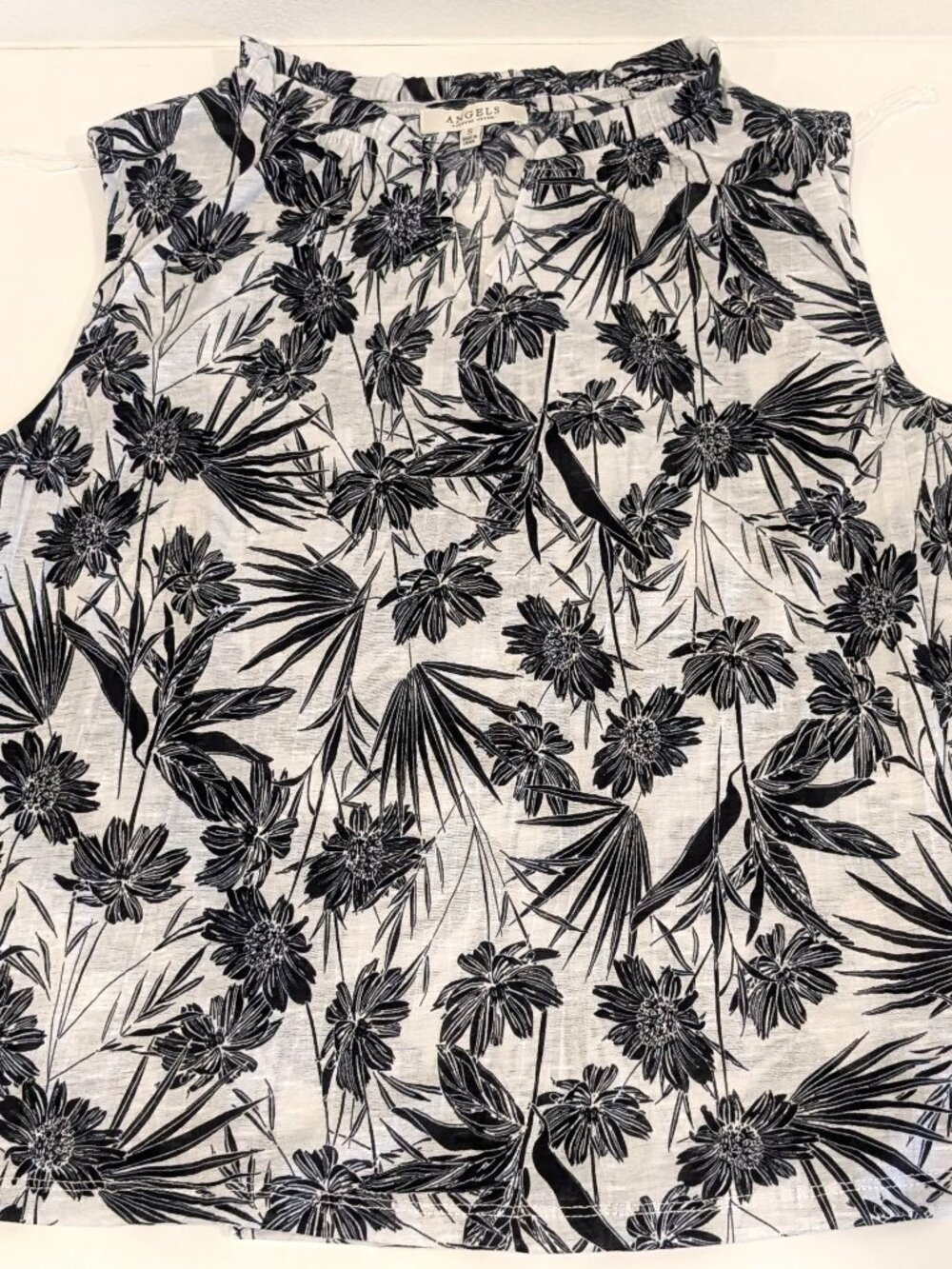 Angels Forever Young Sleeveless Top Black White Floral Palm Print Tank Blouse